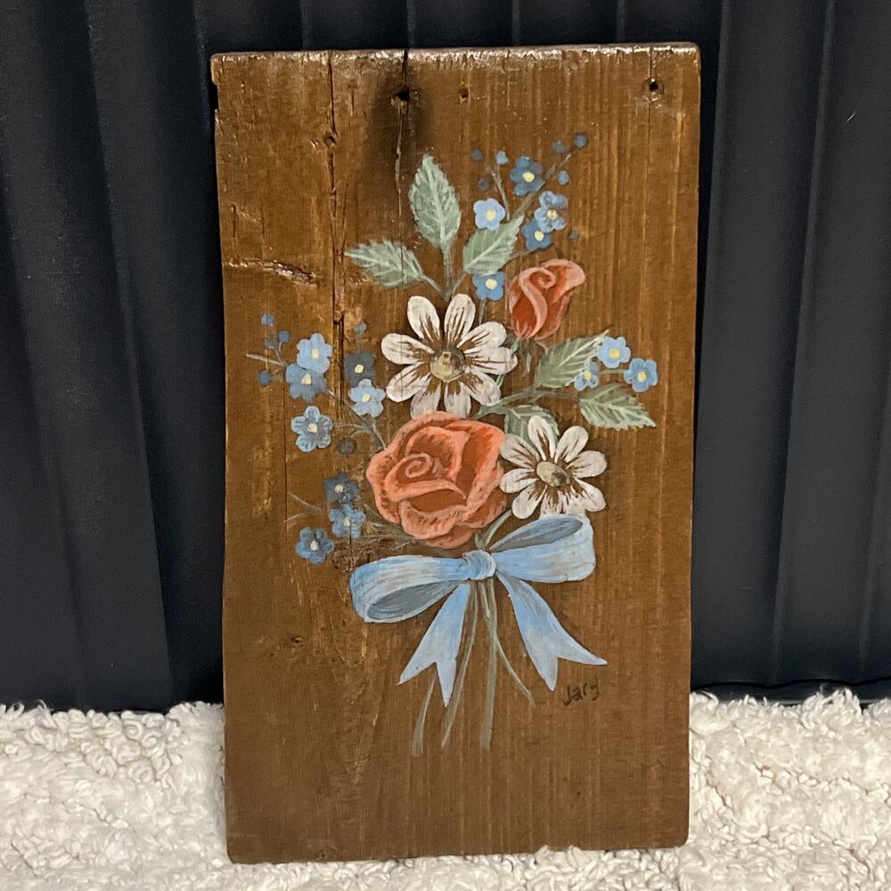Vintage Wooden Hand Painted Flower Bouquet Floral Wall Hanging Sign Art Rustic
